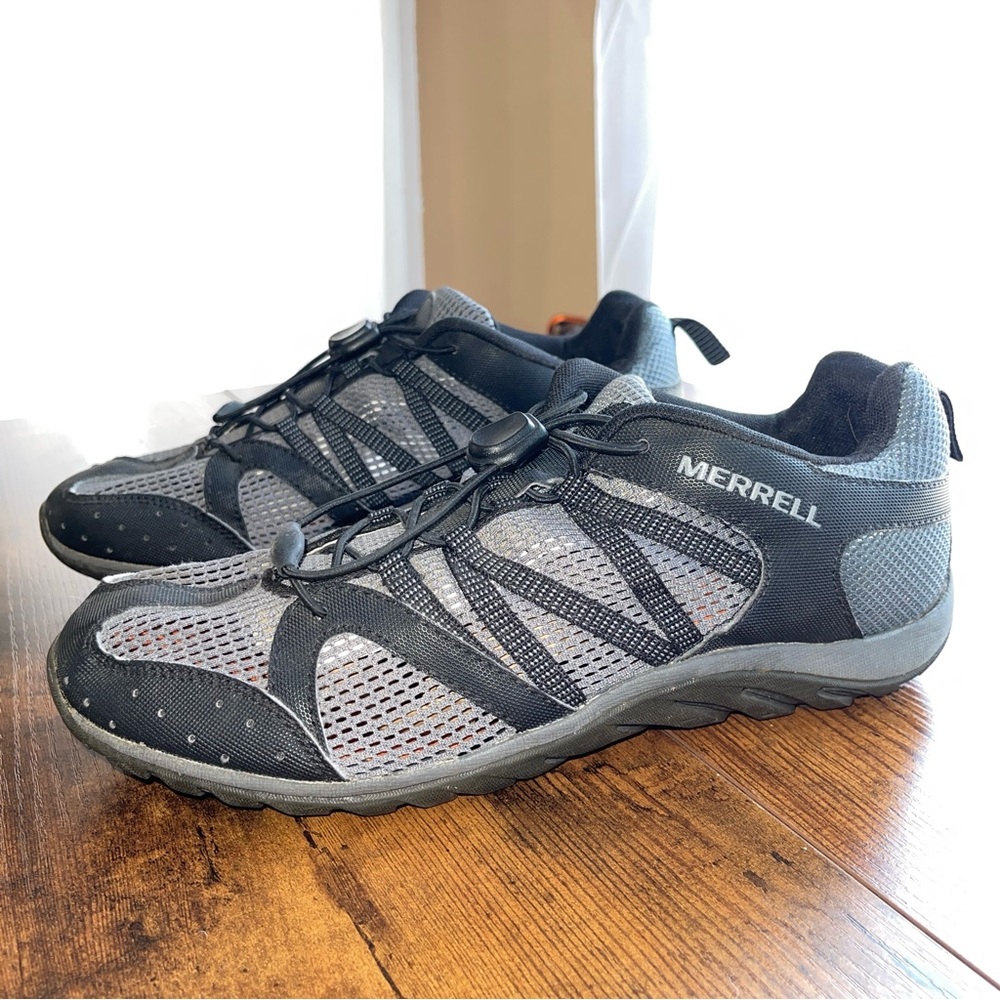 Merrell Mykos Octo Stretch Black and Grey Mens Sneakers Sz 8 Pull Laces